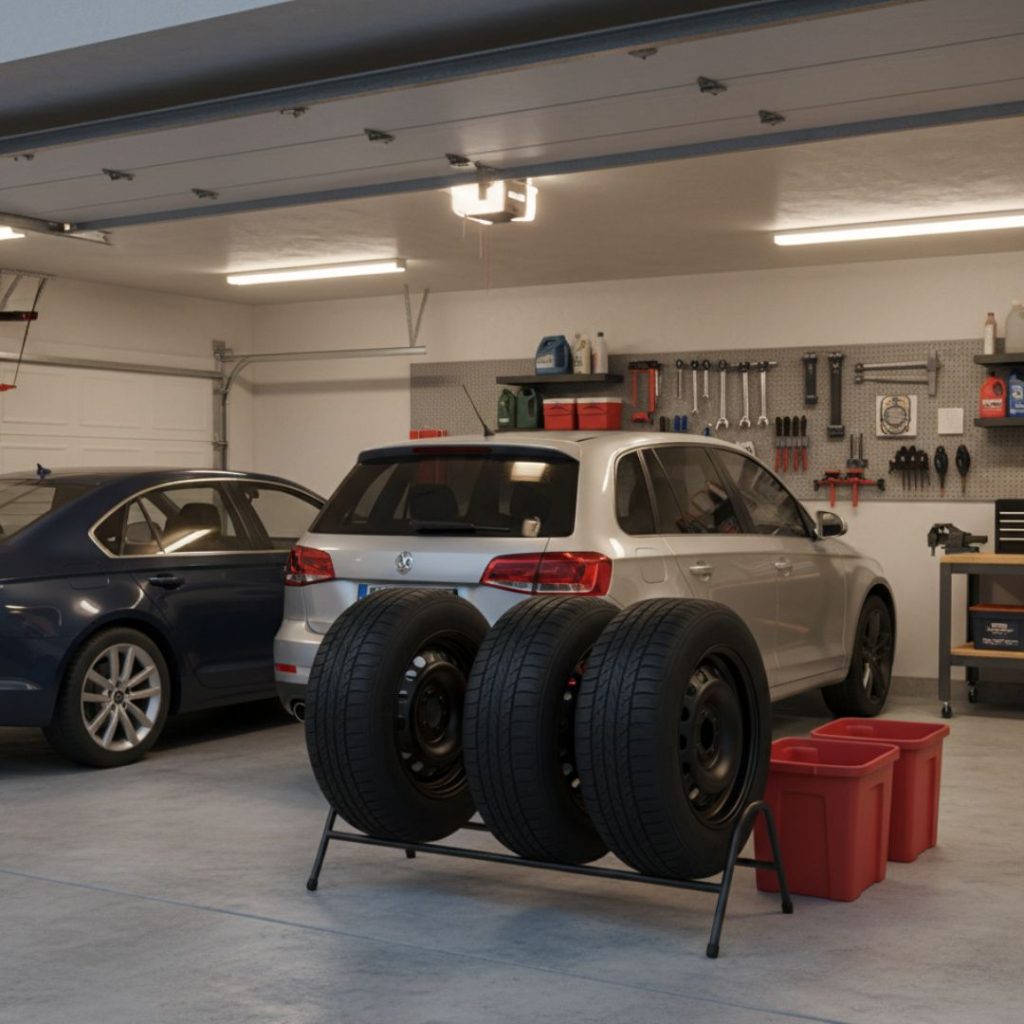 home garage with tire storage