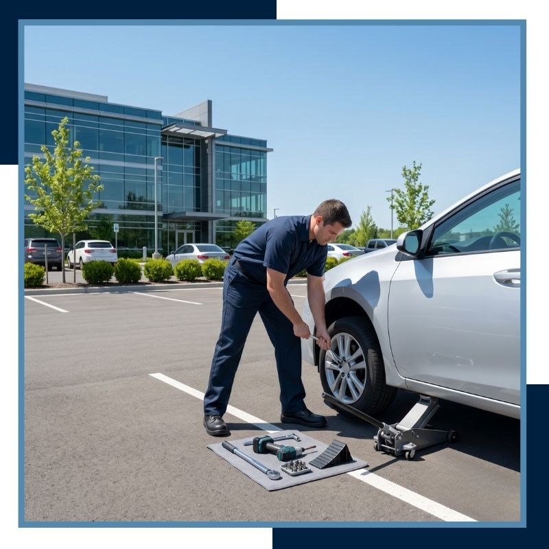Technician inspecting a flat tire on an SUV parked on the side of a road during the day.
