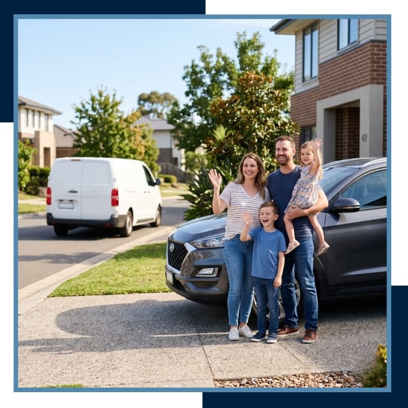 Family standing by their car in a driveway, looking happy after an at-home tire service.