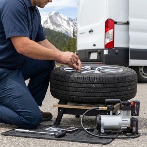 A technician with specialized equipment repairing a tire on-site.